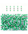 Top Shelf Hella Reliable Waterproof Heat Shrink Solder Seal Butt Wire Connectors 18 To 16 Awg Green Marine Rv Automotive Electrical Terminals 100 Piece Box in clear storage container.