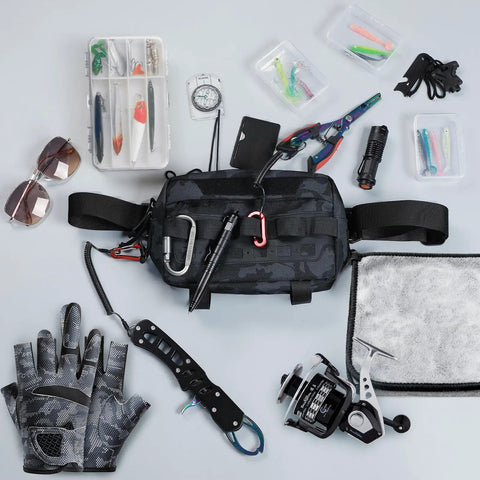 Water Resistant Outdoor Chest Bag For Men With Lightweight Tactical Design For Running Cycling Hiking And Workouts EDC Ready Chest Pack With Durable 600D Oxford Fabric Quick Access Pockets Black Camo surrounded by outdoor gear like gloves and tools.