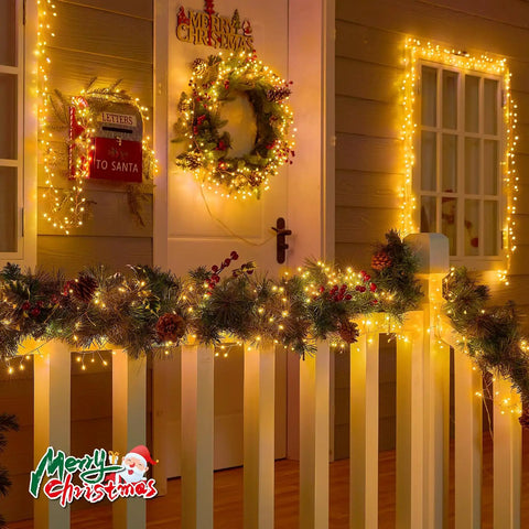 Plug In Fairy Lights 10 Feet 200 LED Copper Wire Cluster Lights Waterproof Warm White illuminating porch decorations