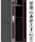 Heavy Duty 42U Black Server Rack Cabinet With Slick Rolling Wheels And Built In Cooling Fans Plus Smart Power Panel For Zero Hassle Pro Network Tech Station close-up view with ventilation and locking doors.