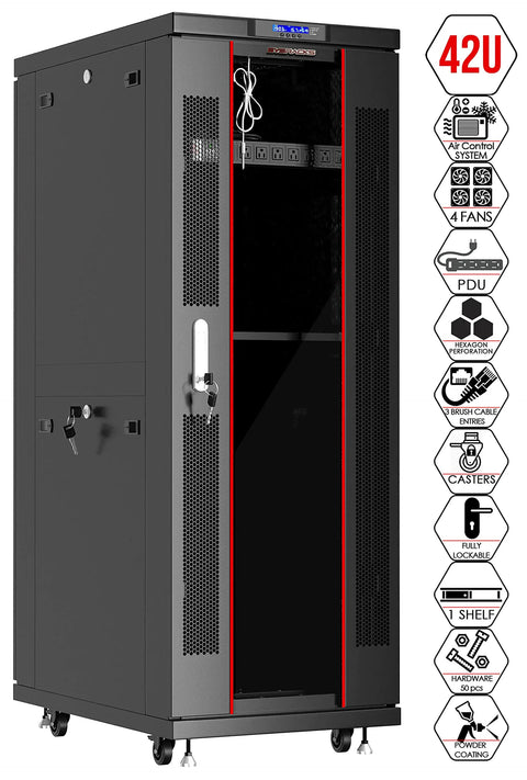 Heavy Duty 42U Black Server Rack Cabinet With Slick Rolling Wheels And Built In Cooling Fans Plus Smart Power Panel For Zero Hassle Pro Network Tech Station close-up view with ventilation and locking doors.