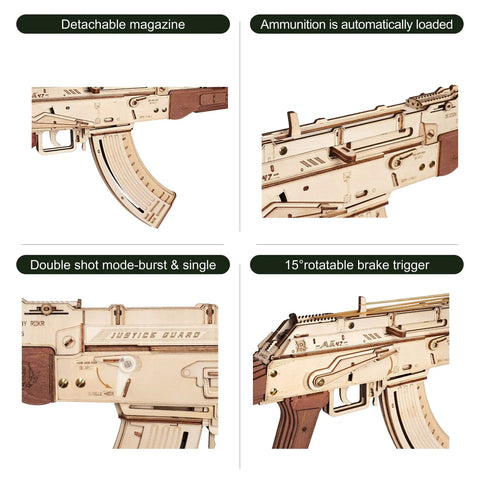 Close-up of the Dope 3D Wooden Puzzle Kit for Adults, featuring DIY rubber band gun build details like magazine and trigger.