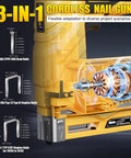 3 In 1 cordless nail gun showcasing internal mechanism, compatible with 18GA Brad and T50 staples for diverse projects.