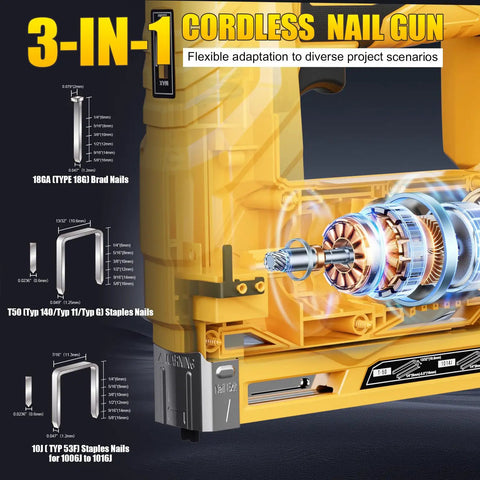 3 In 1 cordless nail gun showcasing internal mechanism, compatible with 18GA Brad and T50 staples for diverse projects.