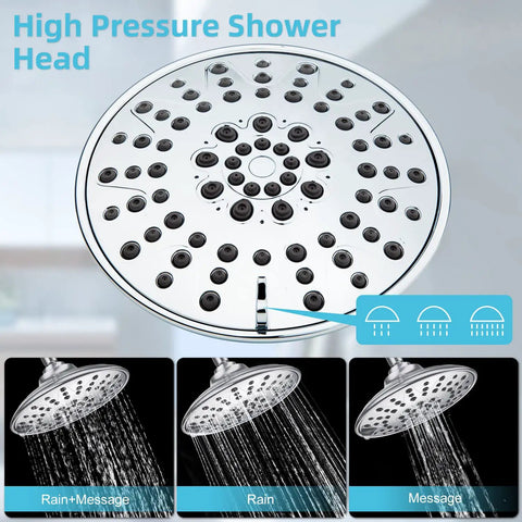 Two In One Shower System With 3 Setting High Pressure Rain Head shown with various spray modes, chrome finish