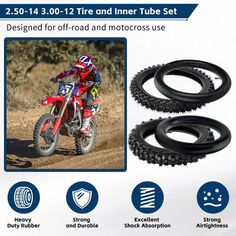 Honda Dirt Bike Tire And Inner Tube Set Front 2.50-14 Rear 3.00-12 for off-road bikes and motocross use, durable tread design