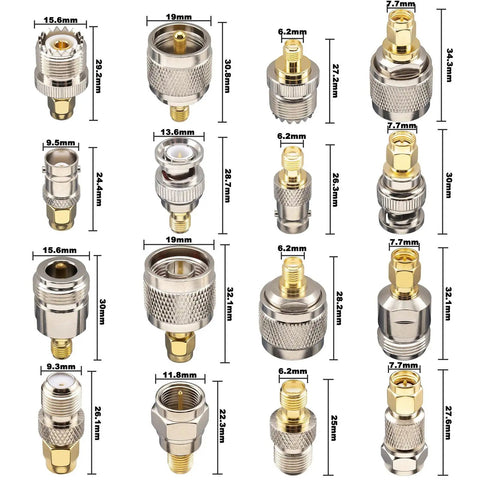 16-Piece SMA Adapter Kit With Gold-Plated Brass RF Connectors SMA To BNC N F UHF PL259 SO239 Coaxial Adapters arranged in rows