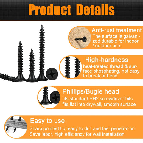 1020 Piece High Hardness Wood Screws Assortment Kit With 13 Sizes For Wood And Drywall Galvanized Phillips Flat Head Set features