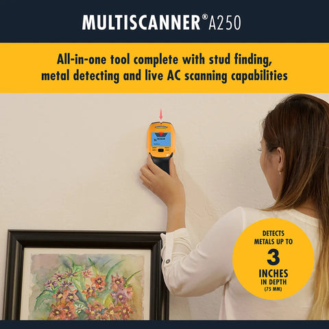 Woman using MultiScanner A250 Stud Finder Wall Scanner For Wood Metal And Live AC Wire Detection on wall above painting
