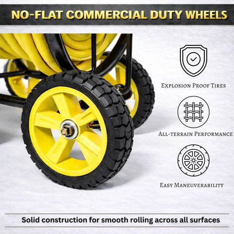 Heavy Duty Hose Reel Cart With Wheels Capacity Up To Two Hundred Fifty Feet Of Five Eighth Inch Hose close-up of tires and wheels