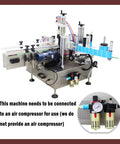 Straight Up Desktop Auto Labeler Fits Round Square Hex Bottles Processes 15 To 60 Containers Per Minute with air compressor connection.