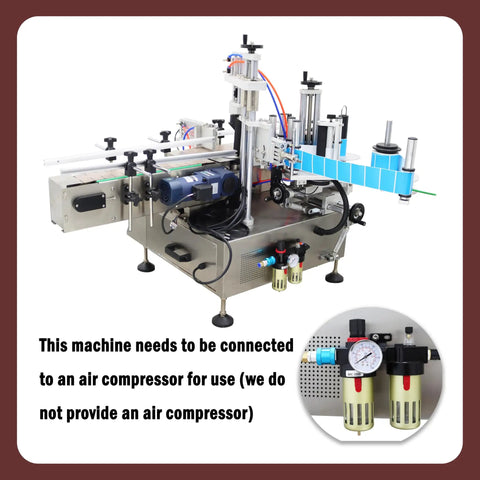 Straight Up Desktop Auto Labeler Fits Round Square Hex Bottles Processes 15 To 60 Containers Per Minute with air compressor connection.