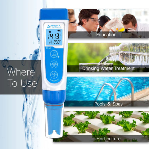 Waterproof EC60 Pocket Conductivity Tester Kit With Replaceable Platinum Black Sensor, Easy EC TDS Salinity Switch, Plus Minus 1 Percent Full Scale Accuracy, Auto Buffer Recognition, Auto Temperature Compensation, Large Backlit LCD used for education, drinking water, pools and hydroponics