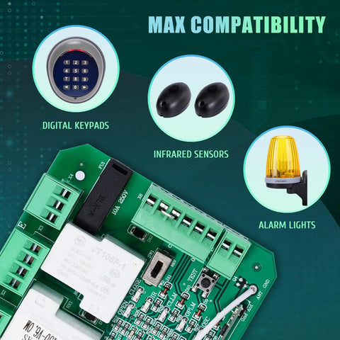 AC Sliding Gate Opener Control Board Replacement Go To DIY Friendly Main PCB Circuit Board with keypad, sensors, and lights