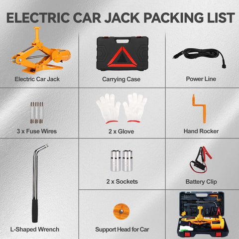 Electric Scissor Car Jack Kit 3 Ton 12V Portable Auto Lift With 17.7 Inch Lift Range For SUV And Sedan Floor Jack For Quick Tire Change And Roadside Emergency No Fuss One Button Lift Includes Handle Wrench packing list with accessories displayed.