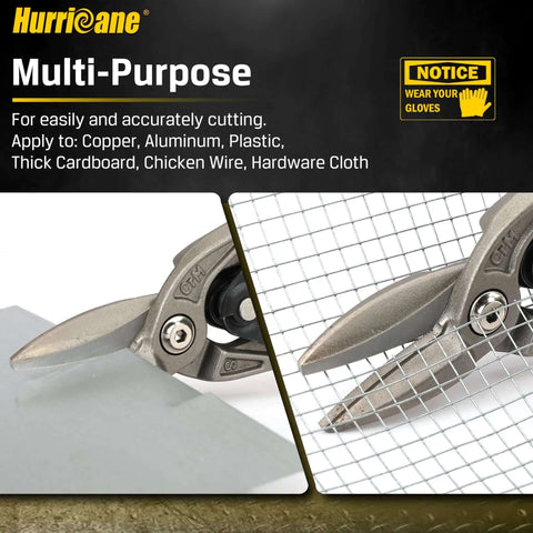 Close-up of 10 Inch Aviation Snips With Safety Lock And CR-MO Blades cutting metal and wire mesh, ideal for HVAC and DIY projects.