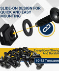 Black 10 32 Slide On Cage Nuts And Screws With Protective Plastic Washers 25 Pack Rack Mount Hardware Kit displayed with washer and screw.