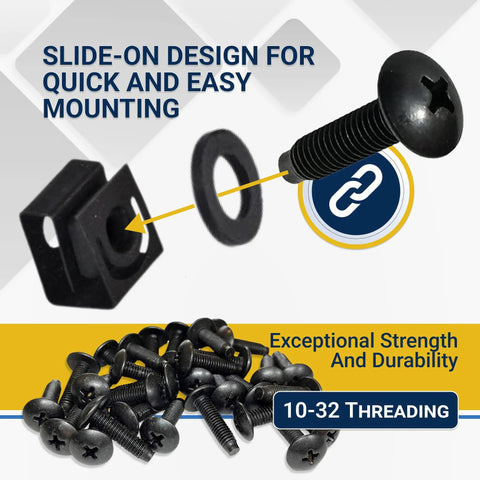 Black 10 32 Slide On Cage Nuts And Screws With Protective Plastic Washers 25 Pack Rack Mount Hardware Kit displayed with washer and screw.