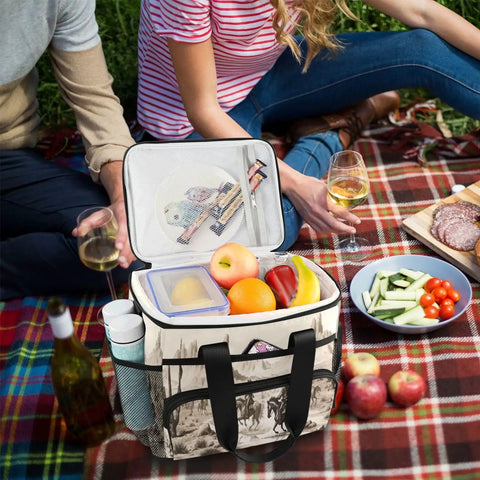 Insulated Lunch Cooler Bag With Shoulder Strap for picnic, 15L capacity with snacks and drinks on plaid blanket outdoors