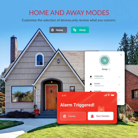 Home view with security settings overlay, showcasing Two Pack Smart Home Camera System With 1080p WiFi Indoor Surveillance AI Human Detection