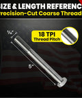 5/16-18 X 5 Inch Stainless Hex Head Bolts, 304 Stainless Steel, Coarse Thread USS, Heavy Duty Outdoor Grade Hardware For Decks, Fences, And DIY Projects. Size and thread pitch reference shown.