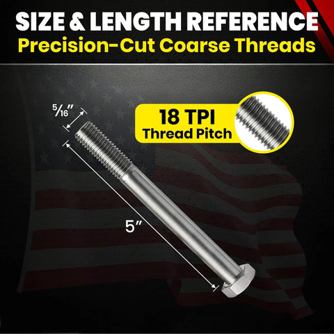 5/16-18 X 5 Inch Stainless Hex Head Bolts, 304 Stainless Steel, Coarse Thread USS, Heavy Duty Outdoor Grade Hardware For Decks, Fences, And DIY Projects. Size and thread pitch reference shown.