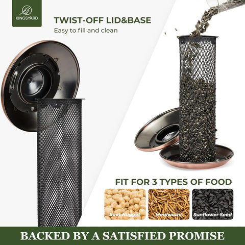 All Metal Squirrel Resistant Tube Bird Feeder with Large Tray and Weatherproof Roof 2.5 lb Capacity, holding sunflower seeds.