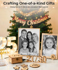 Front view of wooden photo frames and engraved decor on a Christmas table display.