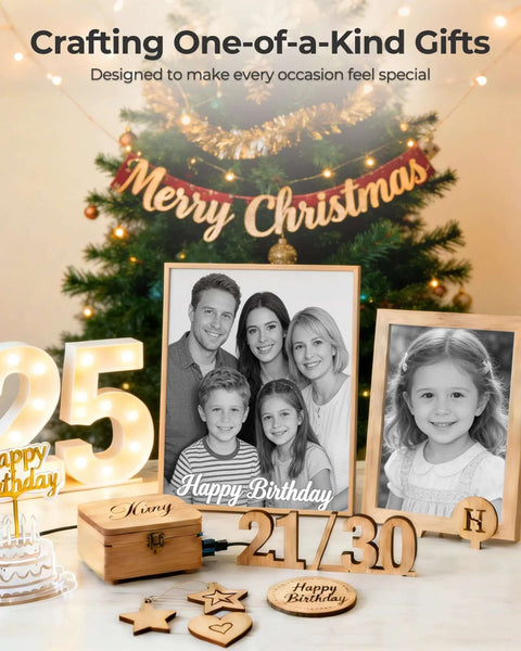 Front view of wooden photo frames and engraved decor on a Christmas table display.