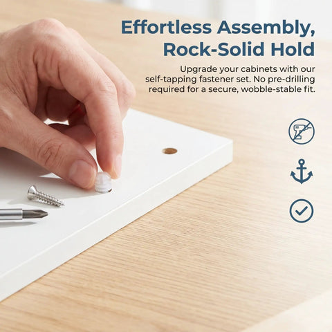 Cabinet Door Repair Kit With White Plastic Dowel Pins And Self Tapping Screws Easy DIY Friendly Installation For Vanity Doors And Home Storage Durable Hinge Dowels And Hardware Pack Of 600, hand installing white plastic dowel pin and screw on cabinet board