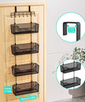Rock Solid Over The Door Organizer With Four Roomy Metal Baskets And Adjustable Coat Hook for storage, showing dimensions and design.