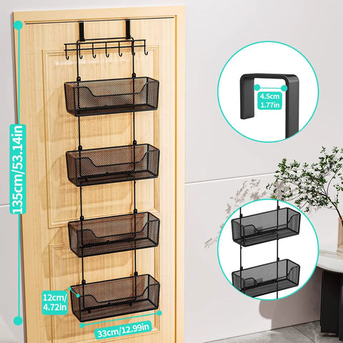Rock Solid Over The Door Organizer With Four Roomy Metal Baskets And Adjustable Coat Hook for storage, showing dimensions and design.