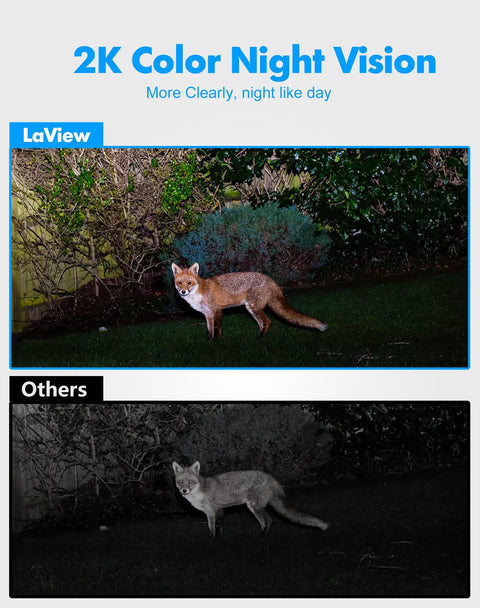 Side-by-side comparison of Outdoor Wired Security Cam With Starlight Color Night Vision 2K Clarity For Home Security AI Human Detection and a standard black and white night vision image.