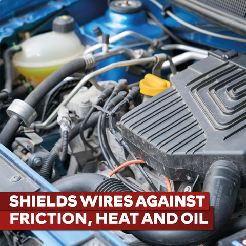 Engine bay with High Temperature Wire Harness Tape Three Quarter Inch By Fifty Foot Five Pack for cable protection and noise dampening.