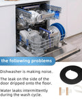 Dishwasher door seal kit with black rubber gasket coil and splash shield parts beside an open dishwasher.