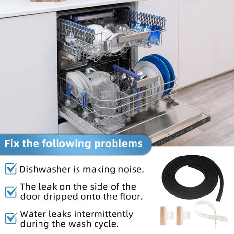 Dishwasher door seal kit with black rubber gasket coil and splash shield parts beside an open dishwasher.