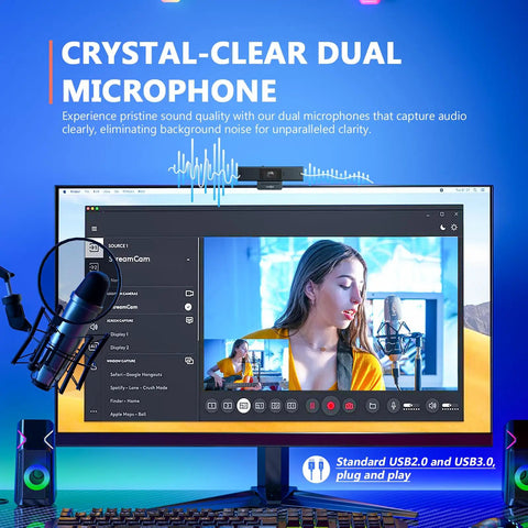 Desk Mate Hybrid HDR Webcam And Document Camera For Live Streams And Demos Multi Angle AutoFocus And Tracking 2K Resolution Noise Reduction Software Control Google Gemini, showing dual microphone and interface on monitor.