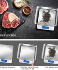 Ultra Dope Digital Kitchen Scale With 3000G Capacity And 0.1G Readout Six Units Grams Ounces Grains Troy Ounces Pennyweights Carats Backlit LCD Tare Two Stainless Trays For Cooking Nutrition And Reptile Use displayed with a tray of peppercorns, tare function demonstration