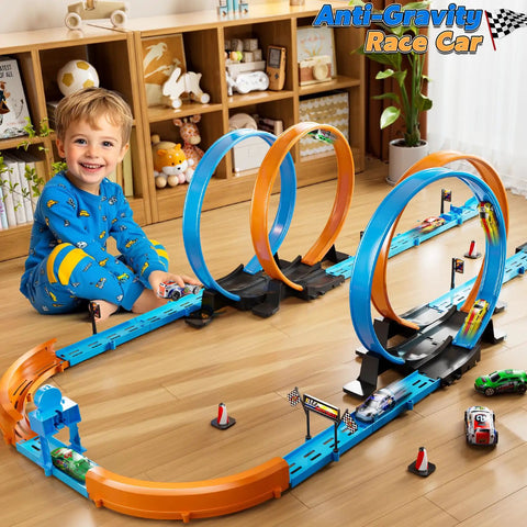 Child playing with Epic Kids Race Track Gift Set with 35 plus pieces four high speed die cast cars four action loops indoors