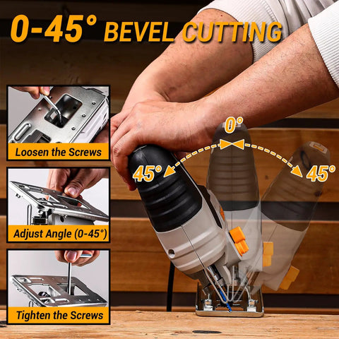 Tough As Nails Corded Jigsaw Saw With Quick Release Blades demonstrating 0-45° bevel cutting adjustment features.