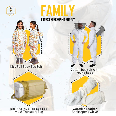 Family beekeeping gear including ventilated beekeeping jacket with fencing veil hood, kids bee suit, and beekeeper gloves