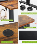 Farexon Electric Standing Desk Adjustable Height Black Brown Wood Grain Surface With Power Outlets, Wheels, And Mouse Pad features metal hooks, wheels, and wire management holes.