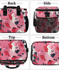 Front, side, top, and bottom views of Spacious Insulated Picnic Backpack Cooler For Outdoor Fans And Busy Humans with pink camouflage design.