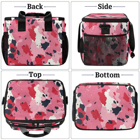 Front, side, top, and bottom views of Spacious Insulated Picnic Backpack Cooler For Outdoor Fans And Busy Humans with pink camouflage design.