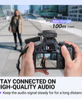 Wireless Lavalier Microphone System For iPhone Android And Cameras 2 Pack Cordless Lapel Mics in use during a video shoot outdoors