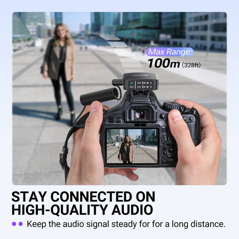 Wireless Lavalier Microphone System For iPhone Android And Cameras 2 Pack Cordless Lapel Mics in use during a video shoot outdoors