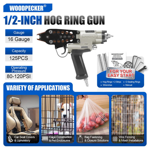 16 Gauge Pneumatic Hog Ring Gun For Cages, Wire Mesh, Traps And Upholstery With One Half Inch Ring Closure shown with applications