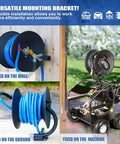 Heavy Duty Pressure Washer Hose Reel With 4000 PSI Rating, 50 Ft 3/8 Inch Or 65 Ft 1/4 Inch Hose mounted on wall and machine.