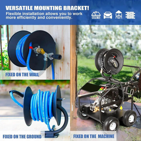 Heavy Duty Pressure Washer Hose Reel With 4000 PSI Rating, 50 Ft 3/8 Inch Or 65 Ft 1/4 Inch Hose mounted on wall and machine.