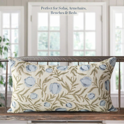Alisa Blue Block Print Pomegranate Pillow Cover 100 Percent Cotton Throw Pillow Cover Decorative Accent For Sofa Couch Bed 14x24 Vintage Coastal Grandma Grandmillennial Style blue block print pillow on bench